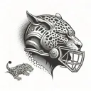 Create a unique tattoo featuring a jaguar playing rugby with a gladiator helmet on tattoo design idea