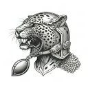 Create a unique tattoo featuring a jaguar playing rugby with a gladiator helmet on tattoo design idea