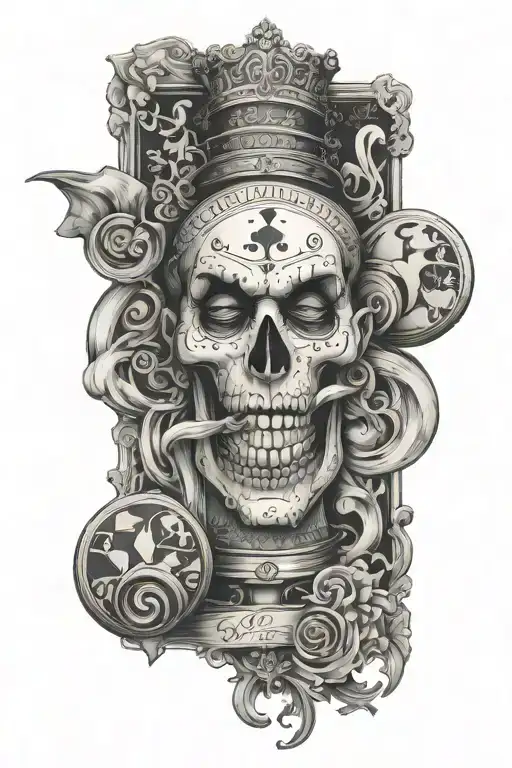 joker deck of cards and hourglass filled with swirling tattoo design idea