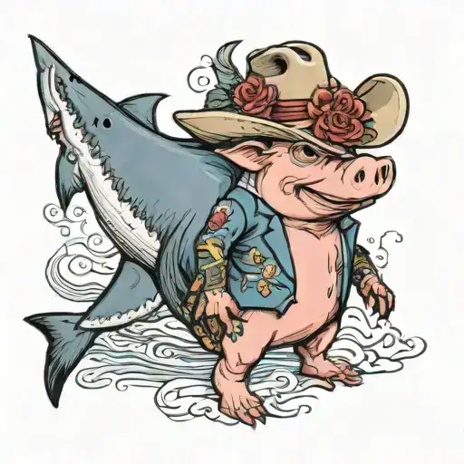 pig wearing a wedding dress standing next to a shark in a cowboy hat  since 1997 tattoo design idea