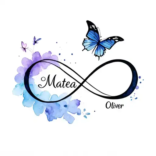 Infinity tattoo name Matea on left side on infinity symbol rim and butterfly above it, name Oliver on right side of infi tattoo design idea