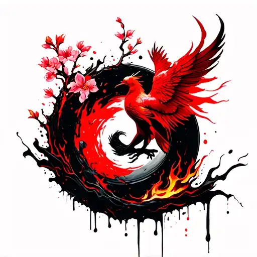 enso circle with cherry blossoms and phoenix rising from flames tattoo design idea