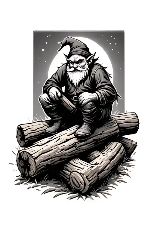evil Redcap gnome sitting on pile of dead logs tattoo design idea