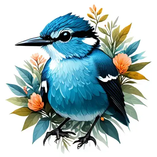 blue wren bird, emu, native plants intertwined tattoo design idea