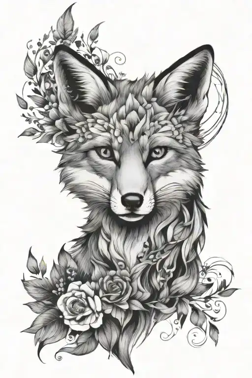 Half geometric, half realistic fox face with a crescent moon on it's forehead. Surrounded by floral elements in black an tattoo design idea