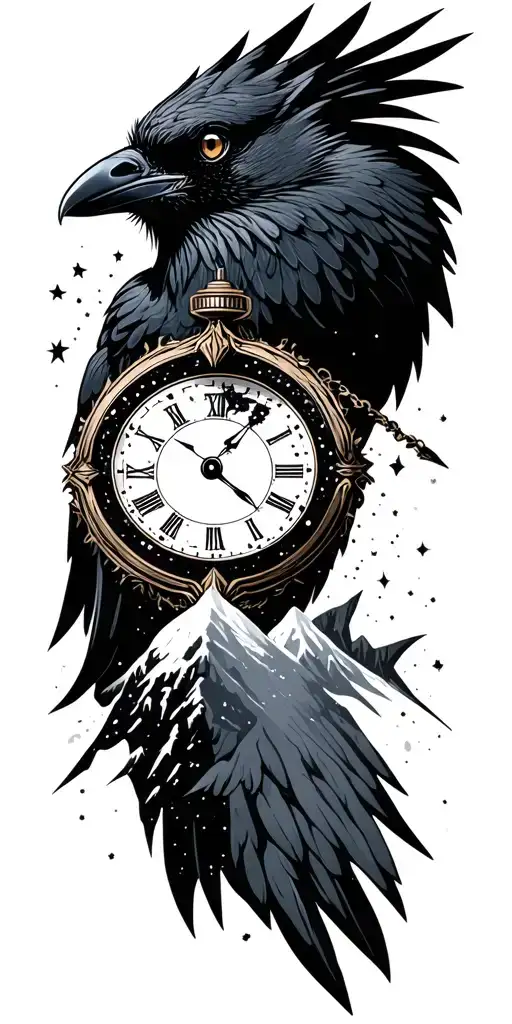 black out space background, mountains, crow, time piece tattoo design idea