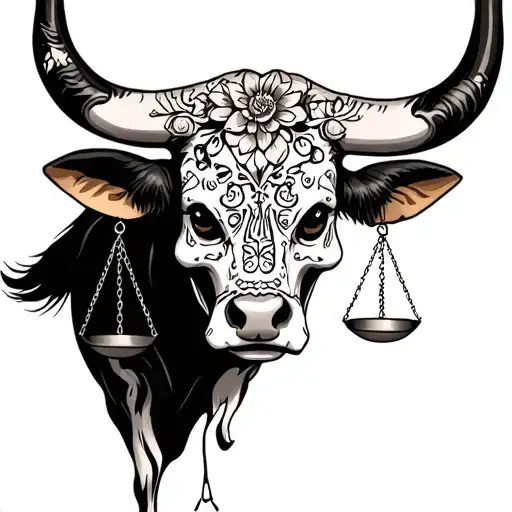 feminine bull with sugar skull markings and 2 Libra scales and dark  background tattoo design idea
