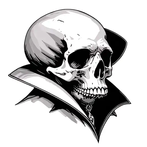 skull facing to the side, or partially turned. wearing an Elizabethan collar. classic look, not vampiric. minimalist. tattoo design idea