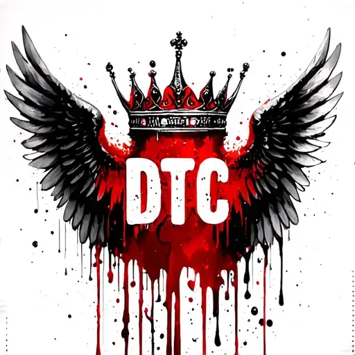 angel wings with DTC write between and a crown on top tattoo design idea