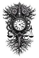 harley engine, midevil tree of life with roots , clock and libra scale intertwined  tattoo design idea