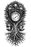 harley engine, midevil tree of life with roots , clock and libra scale intertwined  tattoo design idea