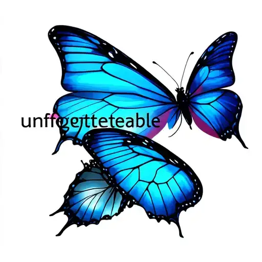 two Butterfly with blue wings and the word "unforgettable" spelled out in between them tattoo design idea