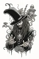 A magician with dreadlocks casting a spell from which hallucinogenic mushrooms, ecstasy pills, marijuana buds and more emerge tattoo design idea