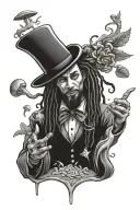 A magician with dreadlocks casting a spell from which hallucinogenic mushrooms, ecstasy pills, marijuana buds and more emerge tattoo design idea