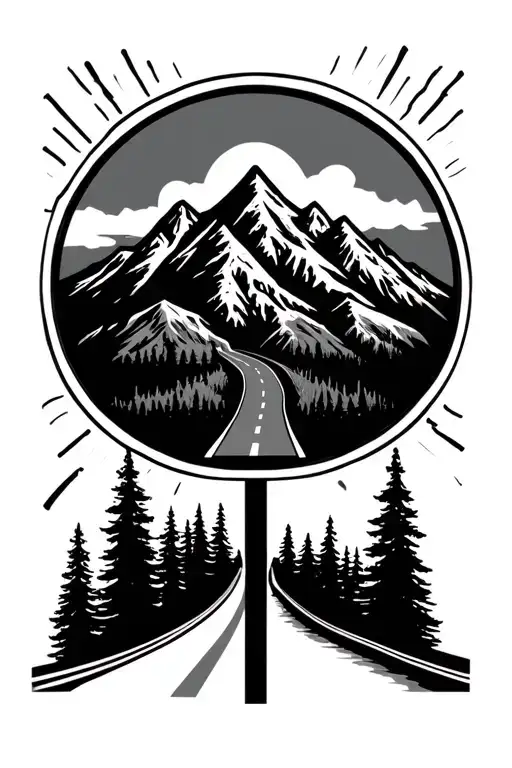 road sign, mountain, road tattoo design idea