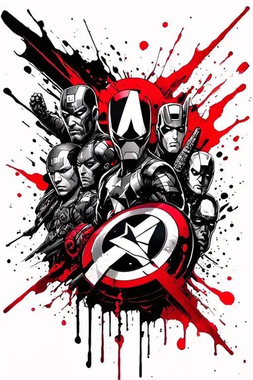 Design a tattoo featuring a collage of different Avengers characters in a blackwork style tattoo design idea