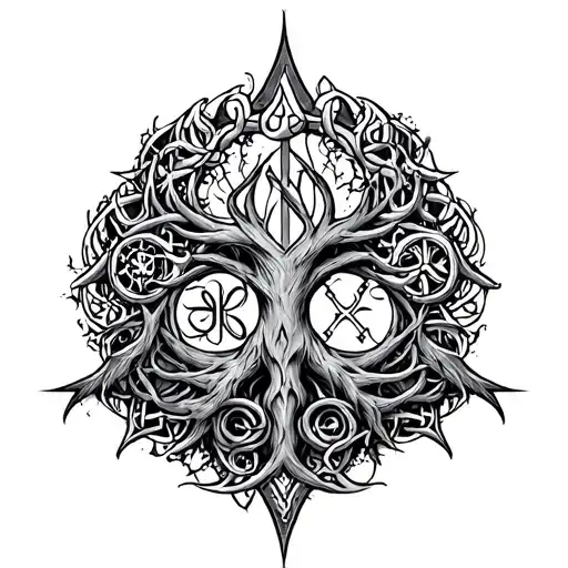 Yggdrasil tattoo with Viking, Celtic, Slavic,, french, Moorish spanish, Polish, Germanic, and Spanish symbols, ancestry  tattoo design idea