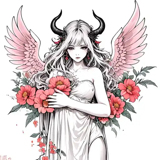 Create a tattoo design featuring a demon girl with wings embracing her and add Japanese-style flowers to the background. tattoo design idea
