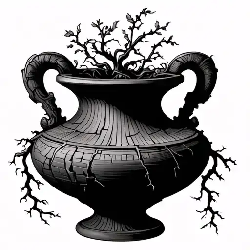 Minimalist cracked Greek vase with vines and roots growing out, detailed fine lines and soft shading in black and gray. tattoo design idea