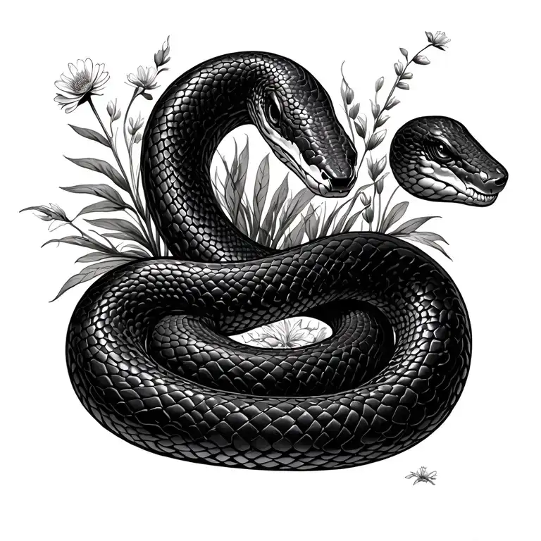 snake coiled black with some plants and flowers growing fully balck and white  tattoo design idea