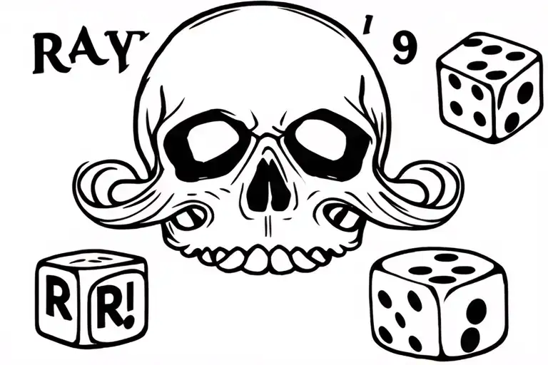 Draw a tattoo with a skull with a moustache. The tattoo must also include one black dice with R R 9 on it. tattoo design idea