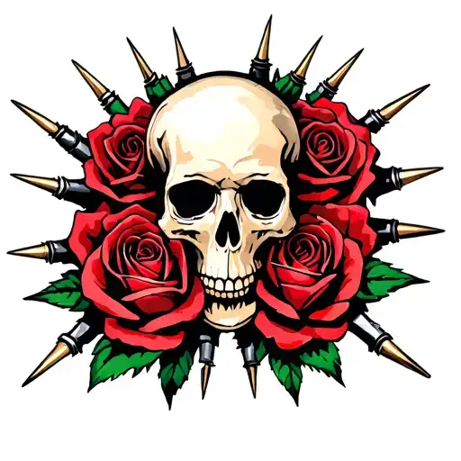 Skull and roses with spikes tattoo design idea
