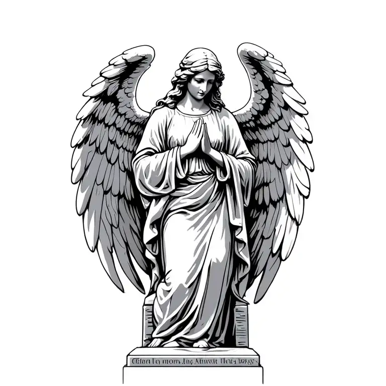 An angel that stands behind a tombstone with its hand resting on top of the tombstone praying, with its wings wrapped tattoo design idea