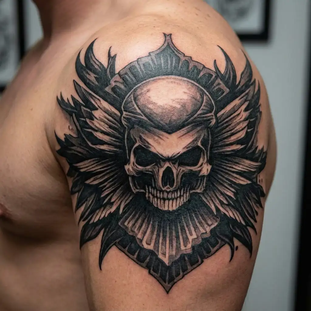 Tattoo with an image of an environmental symbol inscribed in the design of a biker motorcycle tattoo design idea