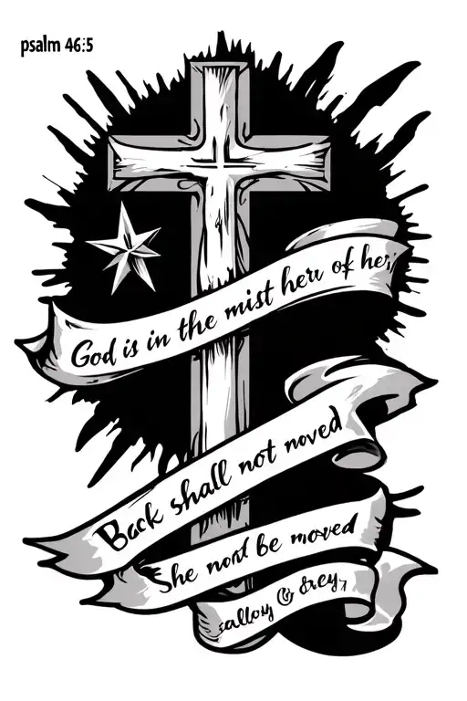 cybersigilism tattoo of a cross, a star and the writing 'psalm 46:5 God is in the midst of her; she shall not be moved tattoo design idea