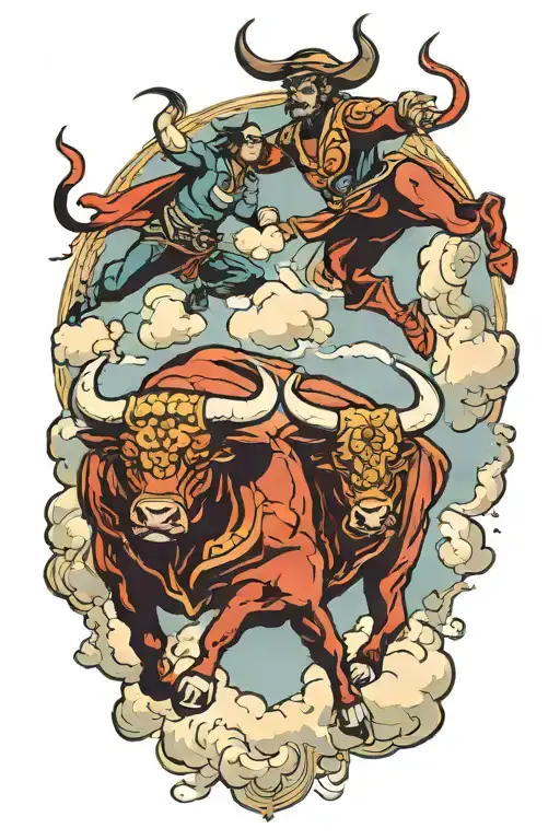 bull and matador dueling in the sky tattoo design idea