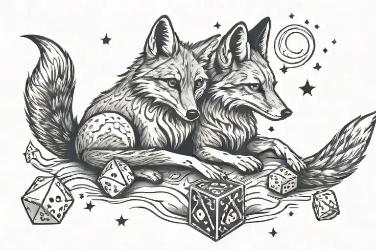 A nature scene with a fox and a coyote playing a game of gaming dice for money under a starry sky tattoo design idea