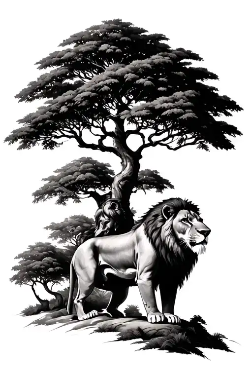 ceiba tree with lions tattoo design idea