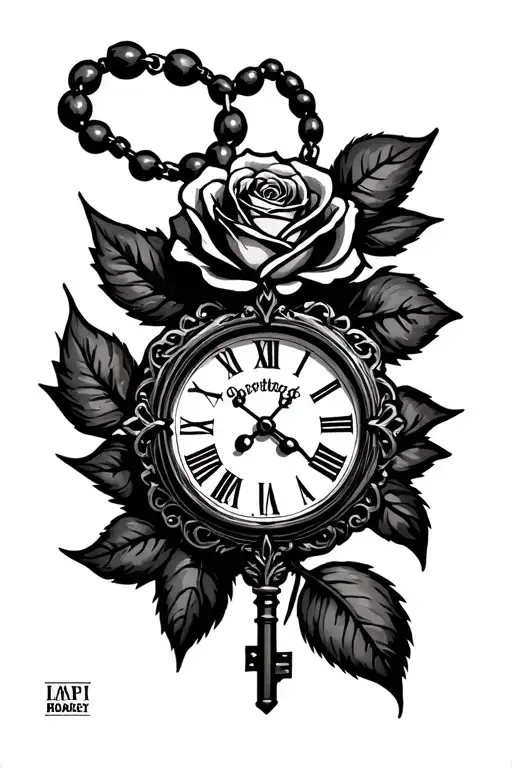 Rose Rosary Clock Key tattoo design idea