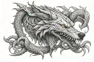 An arched, snarling wolf with exaggerated, almost surrealistic features, Beneath it, two intertwined snakes, fangs open tattoo design idea