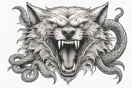 An arched, snarling wolf with exaggerated, almost surrealistic features, Beneath it, two intertwined snakes, fangs open tattoo design idea