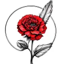 A Feather bending round the stem of a red carnation flower tattoo design idea