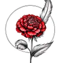 A Feather bending round the stem of a red carnation flower tattoo design idea