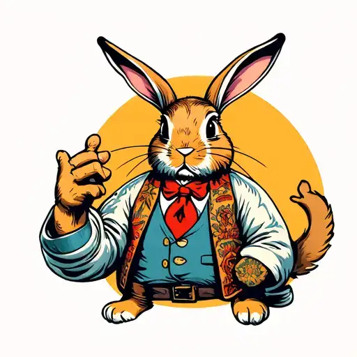 An anthropomorphic rabbit in the humorous and offbeat style of Itchy and Scratchy. He wears human clothes tattoo design idea