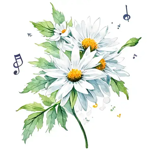 music notes combined with a white edelweiss flower behind them. small, no bigger than 3 inches minimalistic piece  tattoo design idea