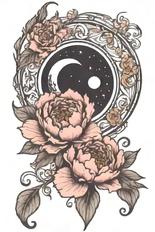 crescent moon, with peonie, art nouveau tattoo design idea