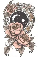 crescent moon, with peonie, art nouveau tattoo design idea