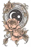 crescent moon, with peonie, art nouveau tattoo design idea