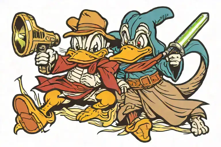 Donald duck  inlight Sabre fight with baby yoda tattoo design idea