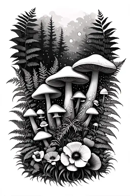 trippy psychedelics mushroom forest arm sleeve with ferns and poppies tattoo design idea