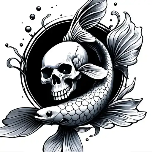 koi fish swimming with skull wearing tattoo design idea