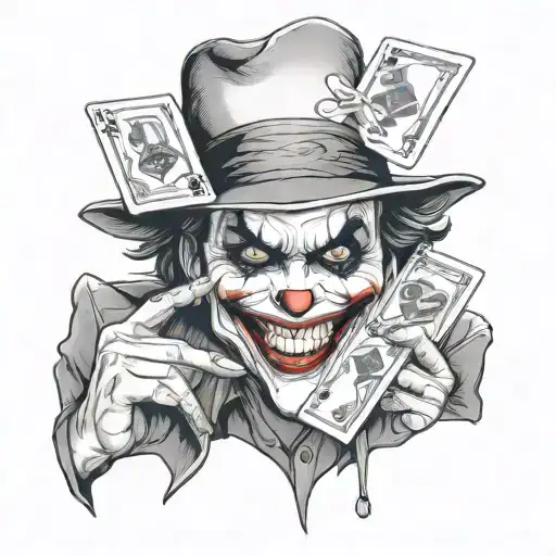 Joker wearing a hat while holding joker card in his hand tattoo design idea