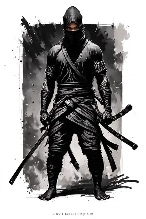 ninja in black, full leg sketch, leg tattoo design idea