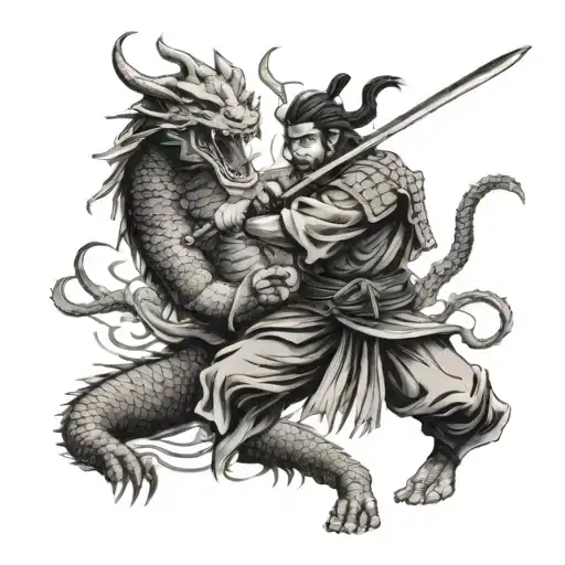 samurai fighting a dragon tattoo design idea