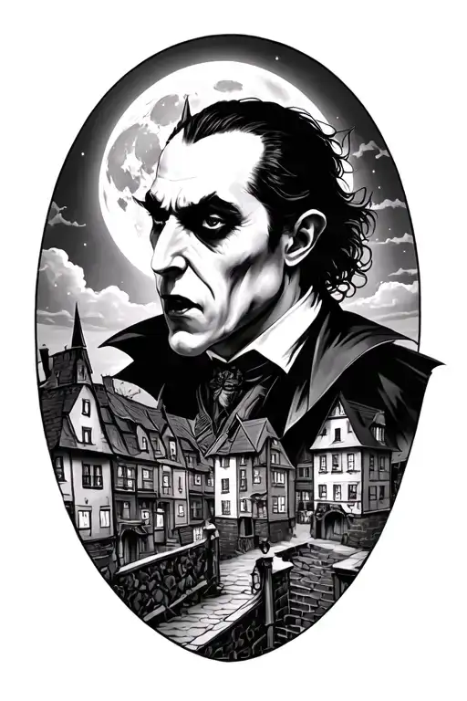 realism portrait Dracula overlooking a town with moon in the bac ground  tattoo design idea