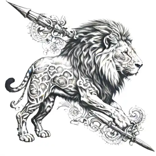 African continent, lion, Maasai warrior spear and finally the word "Mobundi" tattoo design idea